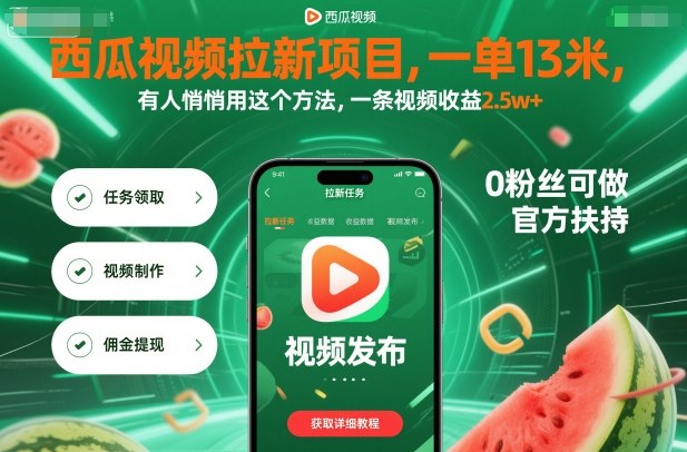 西瓜视频拉新项目,一单13米,有人悄悄用这个方法,一条视频收益2.5w+(附详细教程)-财富区