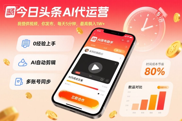 今日头条AI代运营,我提供视频,你发布,每天5分钟,最高躺入1W+-财富区